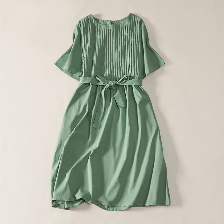 Buddha Stones Summer Pintuck A Line Knee Length Women's Short Sleeve Dress With Tie Waist Bow - DarkSeaGreen - US12，UK/AU16，EU44 (2XL) - image 8