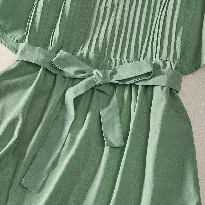 Buddha Stones Summer Pintuck A Line Knee Length Women's Short Sleeve Dress With Tie Waist Bow - image 14