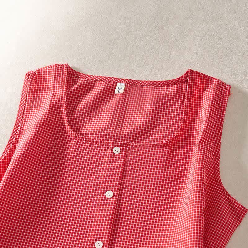 Buddha Stones Summer Coral Gingham Sleeveless A Line Vacation Casual Knee Length Dress With Pockets - image 2