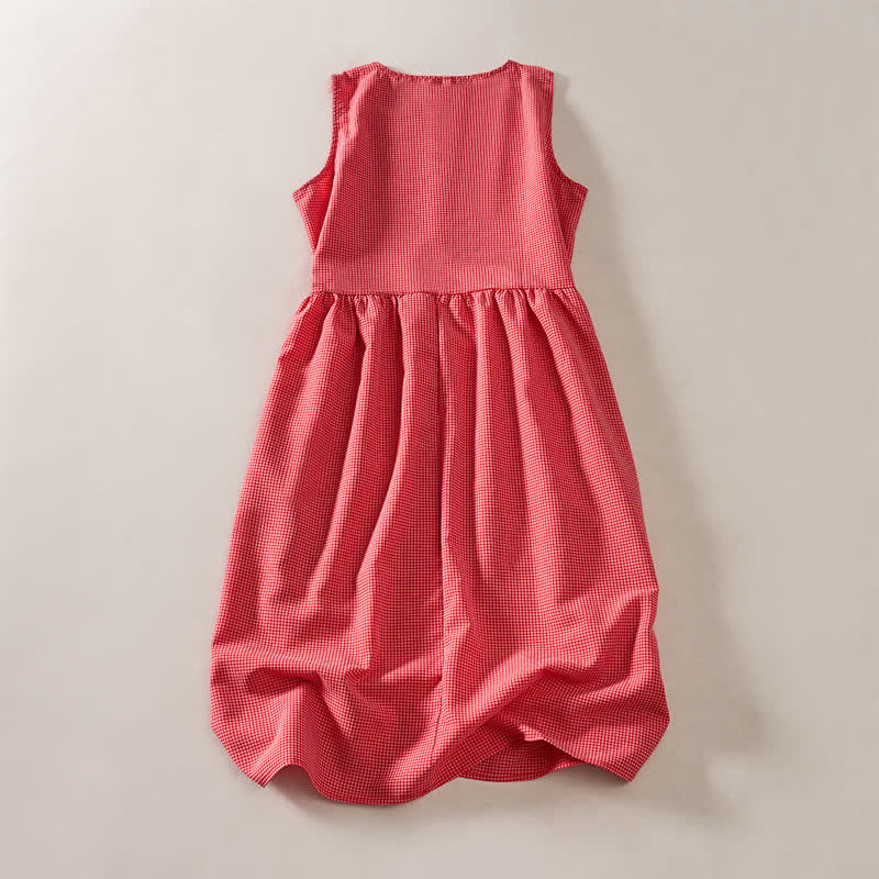 Buddha Stones Summer Coral Gingham Sleeveless A Line Vacation Casual Knee Length Dress With Pockets - image 1