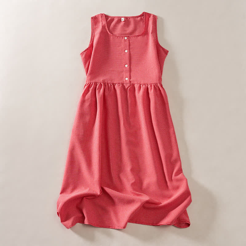 Buddha Stones Summer Coral Gingham Sleeveless A Line Vacation Casual Knee Length Dress With Pockets - Coral - US14，UK/AU18，EU46 (2XL) - image 0