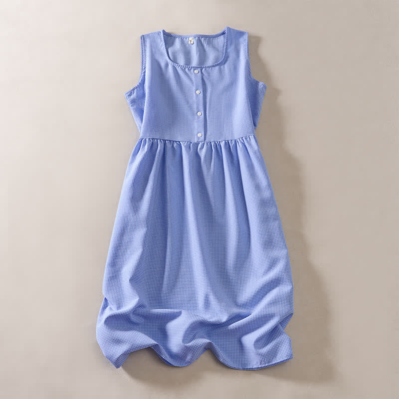 Buddha Stones Summer Coral Gingham Sleeveless A Line Vacation Casual Knee Length Dress With Pockets - LightSkyBlue - US14，UK/AU18，EU46 (2XL) - image 6