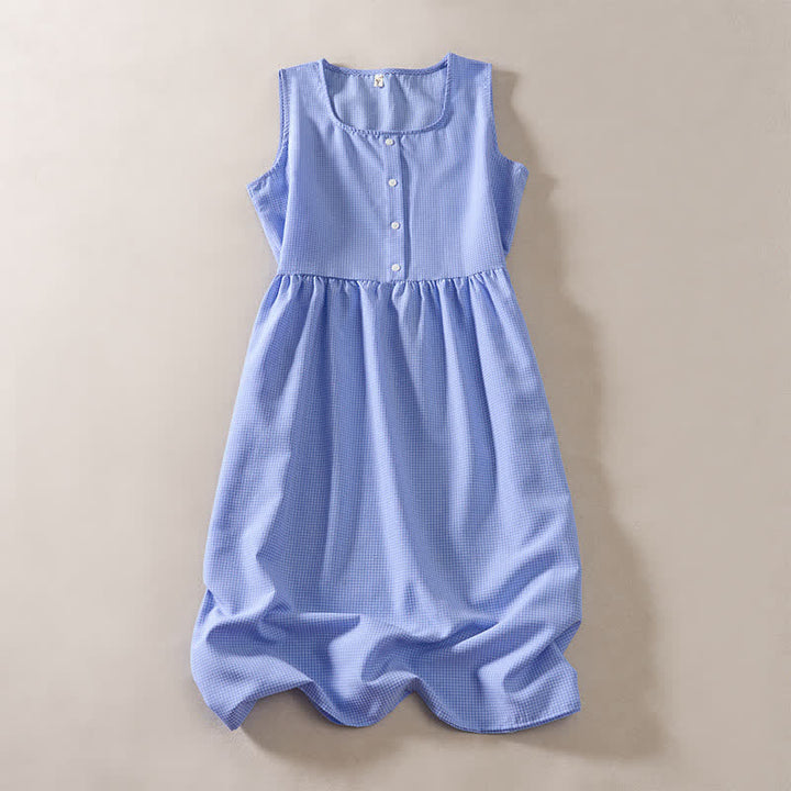 Buddha Stones Summer Coral Gingham Sleeveless A Line Vacation Casual Knee Length Dress With Pockets - LightSkyBlue - US14，UK/AU18，EU46 (2XL) - image 6