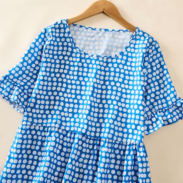 Buddha Stones Summer Elegant Polka Dot A Line Ruffle Hem Short Sleeve Knee Length Dress - image 2