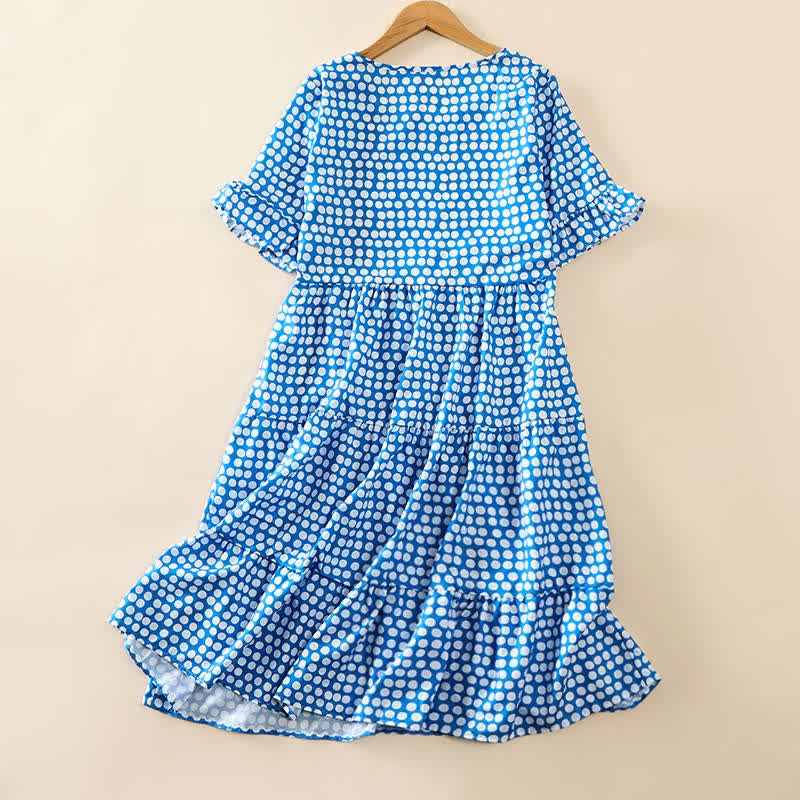 Buddha Stones Summer Elegant Polka Dot A Line Ruffle Hem Short Sleeve Knee Length Dress - CornflowerBlue - US12，UK/AU16，EU44 (2XL) - image 1