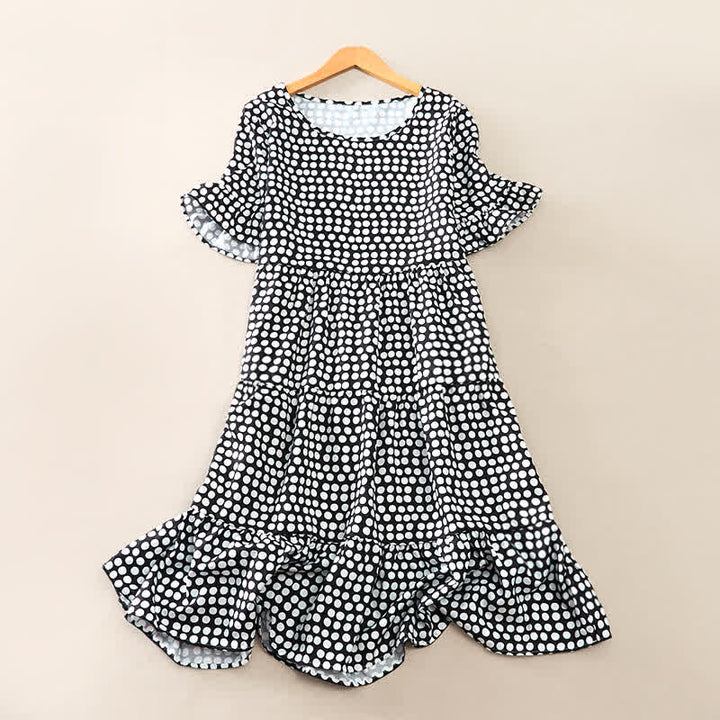 Buddha Stones Summer Elegant Polka Dot A Line Ruffle Hem Short Sleeve Knee Length Dress - Black - US12，UK/AU16，EU44 (2XL) - image 6