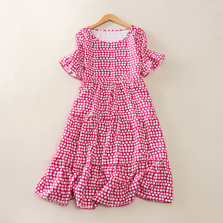 Buddha Stones Summer Elegant Polka Dot A Line Ruffle Hem Short Sleeve Knee Length Dress - HotPink - US12，UK/AU16，EU44 (2XL) - image 12