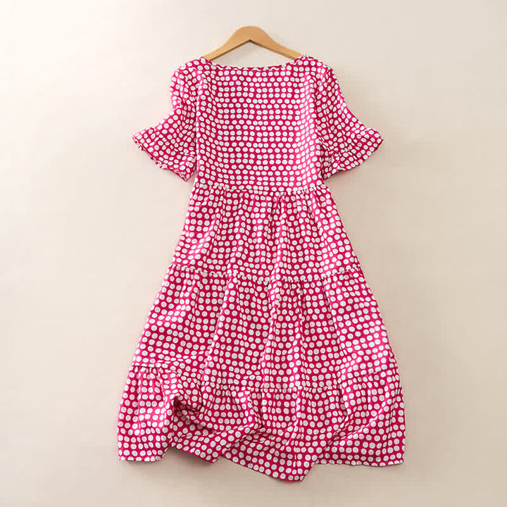 Buddha Stones Summer Elegant Polka Dot A Line Ruffle Hem Short Sleeve Knee Length Dress - image 13