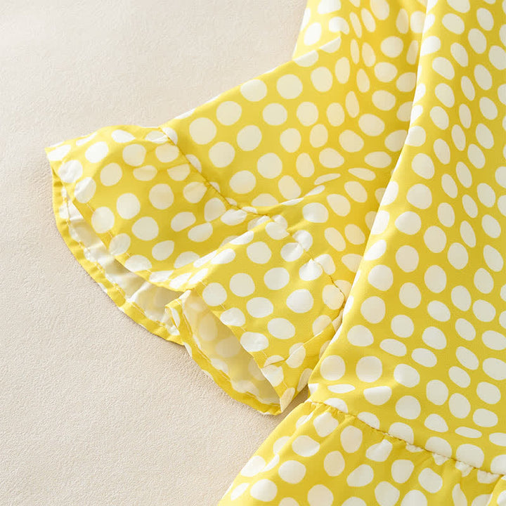 Buddha Stones Summer Elegant Polka Dot A Line Ruffle Hem Short Sleeve Knee Length Dress - image 20