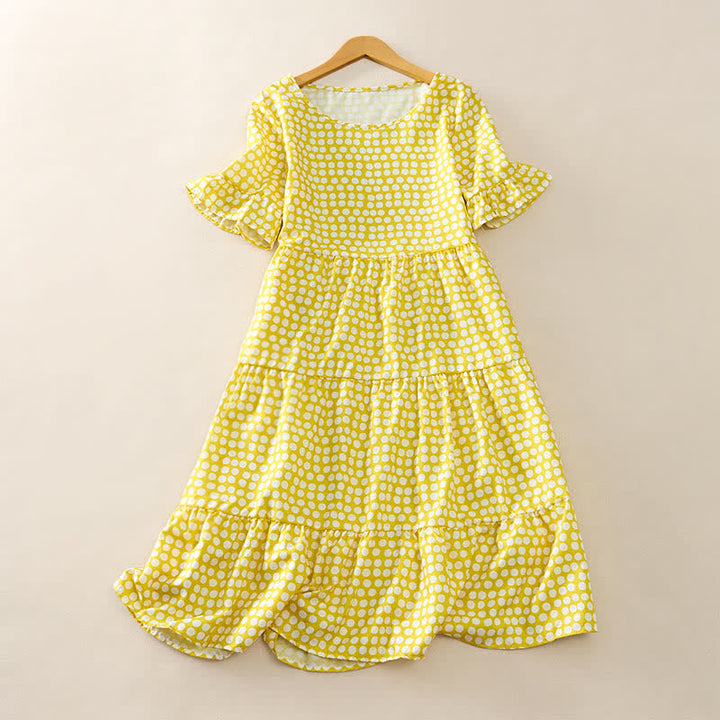 Buddha Stones Summer Elegant Polka Dot A Line Ruffle Hem Short Sleeve Knee Length Dress - Gold - US12，UK/AU16，EU44 (2XL) - image 18