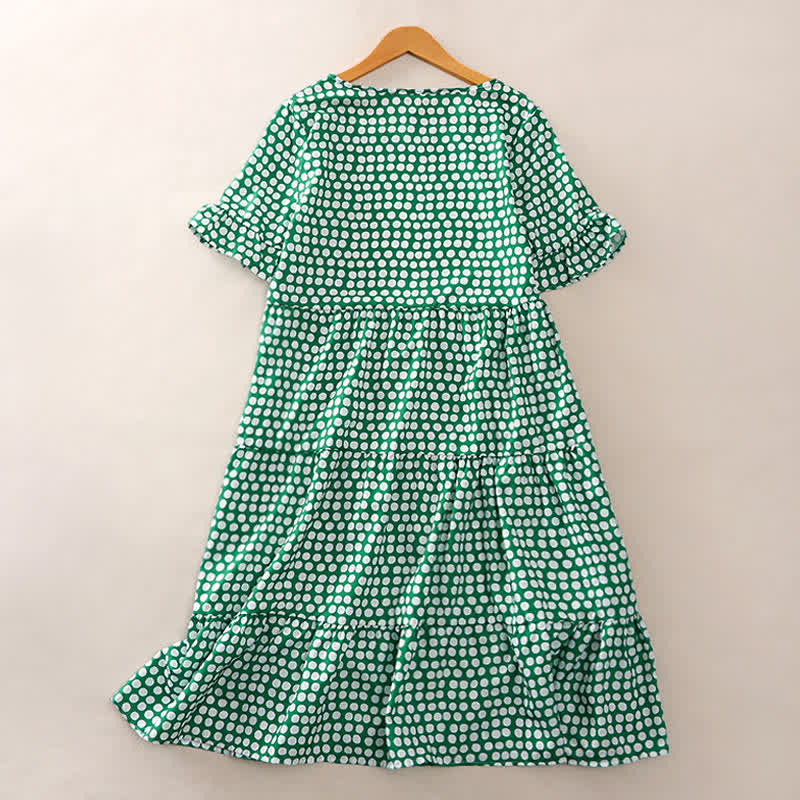 Buddha Stones Summer Elegant Polka Dot A Line Ruffle Hem Short Sleeve Knee Length Dress - image 24