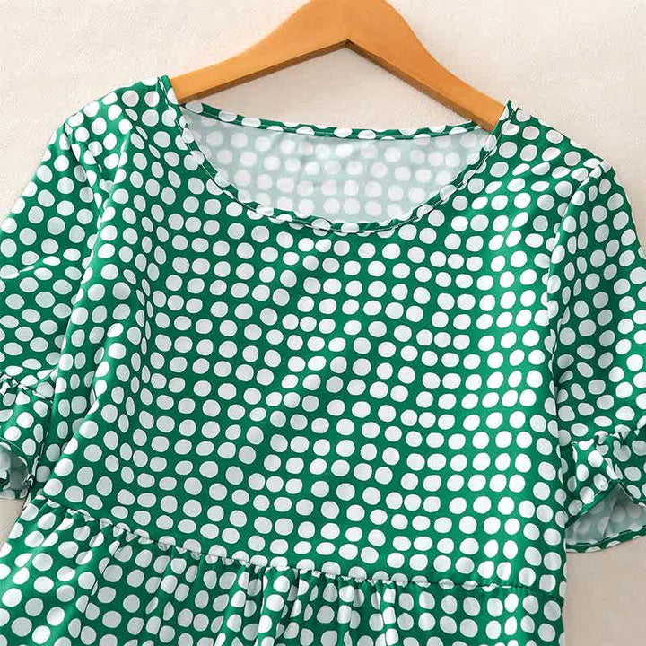 Buddha Stones Summer Elegant Polka Dot A Line Ruffle Hem Short Sleeve Knee Length Dress - image 25