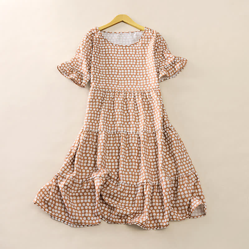 Buddha Stones Summer Elegant Polka Dot A Line Ruffle Hem Short Sleeve Knee Length Dress - Tan - US12，UK/AU16，EU44 (2XL) - image 29