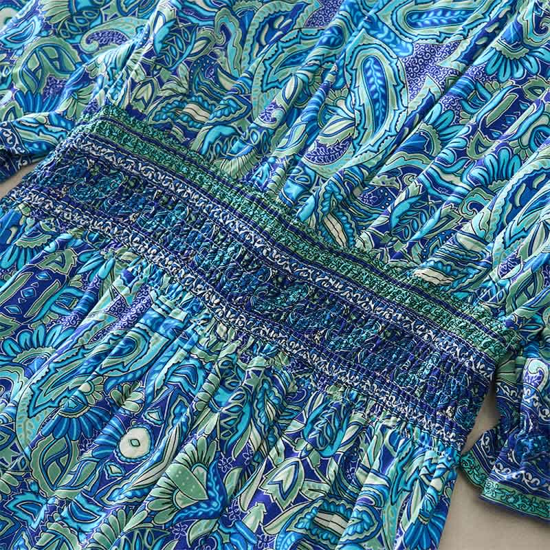 Buddha Stones Summer Peacock Paisley Tie Waist Viscose Lantern Sleeves Maxi Dress - image 5