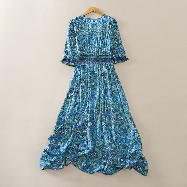 Buddha Stones Summer Peacock Paisley Tie Waist Viscose Lantern Sleeves Maxi Dress - image 1
