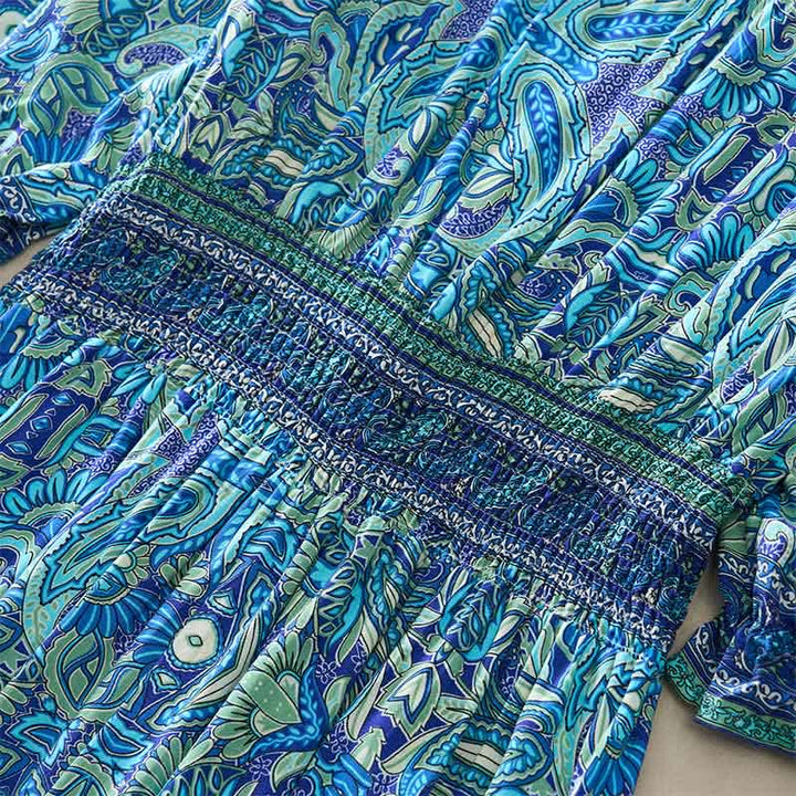 Buddha Stones Summer Peacock Paisley Tie Waist Viscose Lantern Sleeves Maxi Dress - image 5