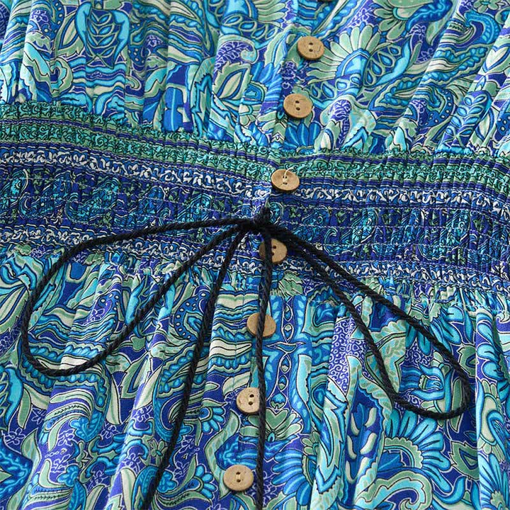 Buddha Stones Summer Peacock Paisley Tie Waist Viscose Lantern Sleeves Maxi Dress - image 3