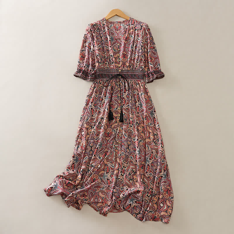 Buddha Stones Summer Peacock Paisley Tie Waist Viscose Lantern Sleeves Maxi Dress - Sienna - US12，UK/AU16，EU44 (XL) - image 8
