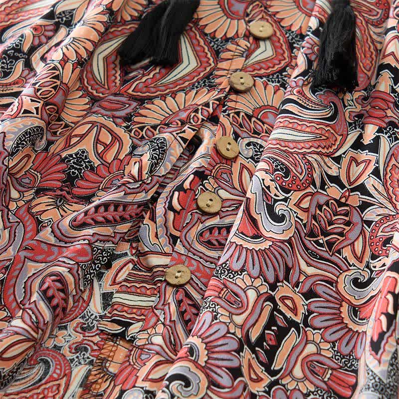 Buddha Stones Summer Peacock Paisley Tie Waist Viscose Lantern Sleeves Maxi Dress - image 14