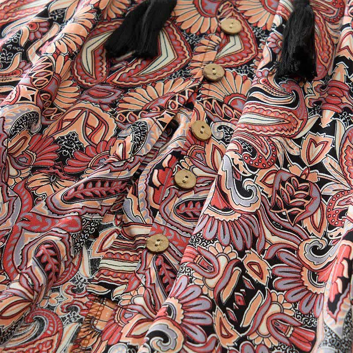 Buddha Stones Summer Peacock Paisley Tie Waist Viscose Lantern Sleeves Maxi Dress - image 14