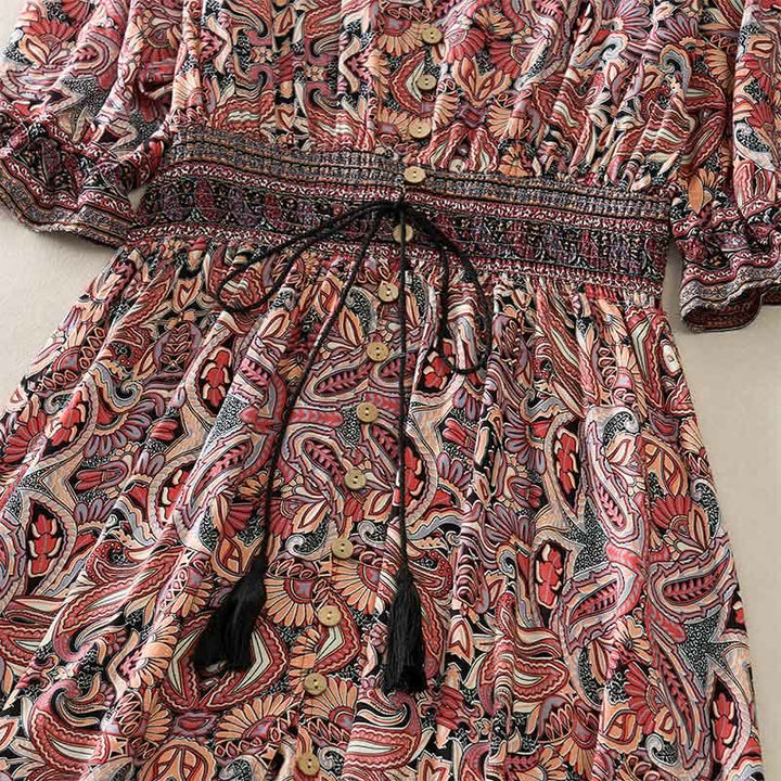 Buddha Stones Summer Peacock Paisley Tie Waist Viscose Lantern Sleeves Maxi Dress - image 12