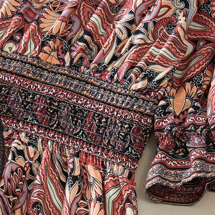 Buddha Stones Summer Peacock Paisley Tie Waist Viscose Lantern Sleeves Maxi Dress - image 13