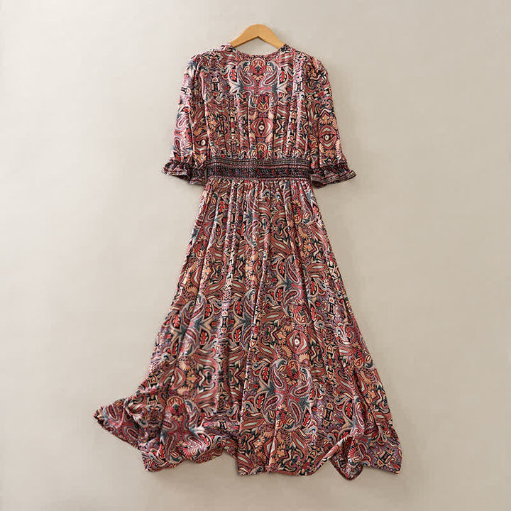 Buddha Stones Summer Peacock Paisley Tie Waist Viscose Lantern Sleeves Maxi Dress - image 9