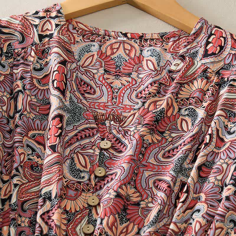 Buddha Stones Summer Peacock Paisley Tie Waist Viscose Lantern Sleeves Maxi Dress - image 10