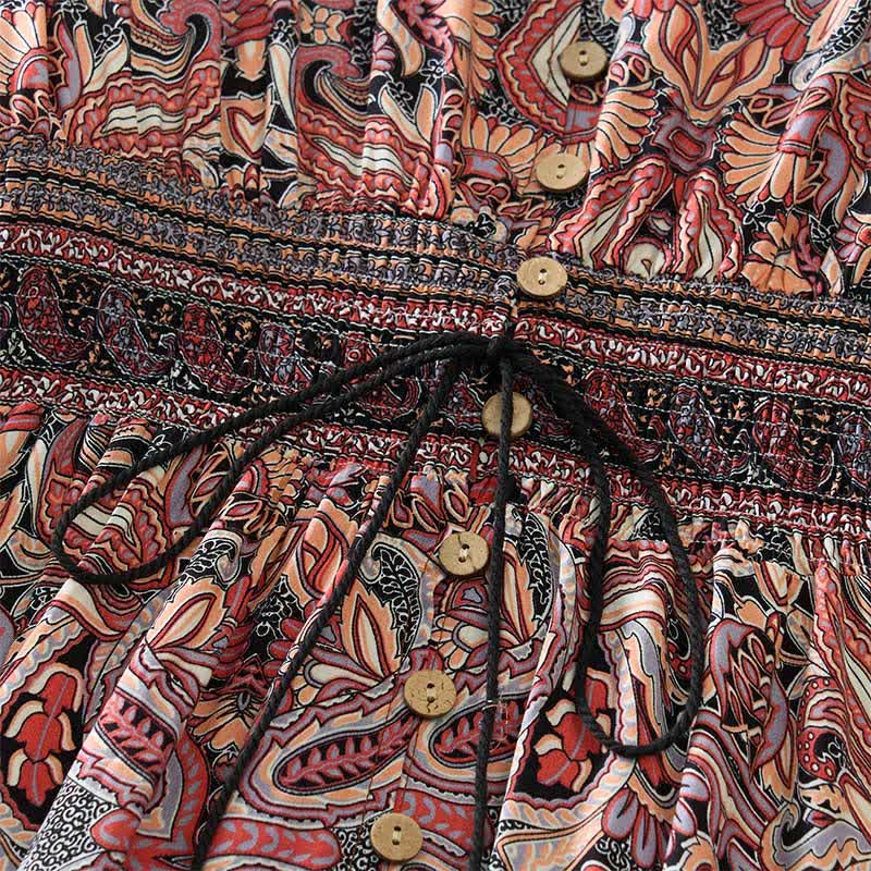 Buddha Stones Summer Peacock Paisley Tie Waist Viscose Lantern Sleeves Maxi Dress - image 11