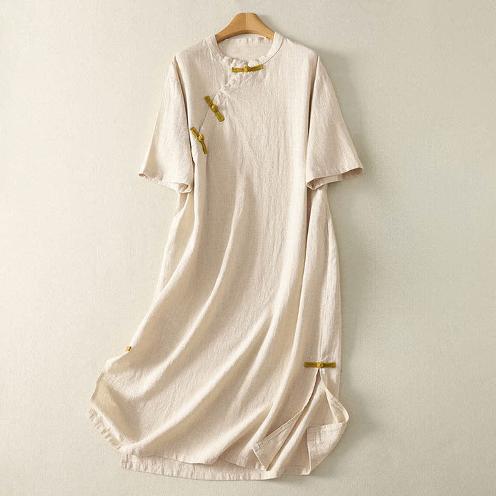 Buddha Stones Spring Frog-Button Knee Length Cotton Women's Short Sleeve Dress With Pockets - Seashell - US12，UK/AU16，EU44 (2XL) - image 0