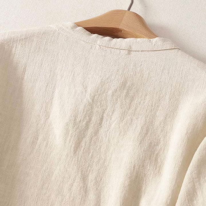 Buddha Stones Spring Frog-Button Knee Length Cotton Women's Short Sleeve Dress With Pockets - image 3