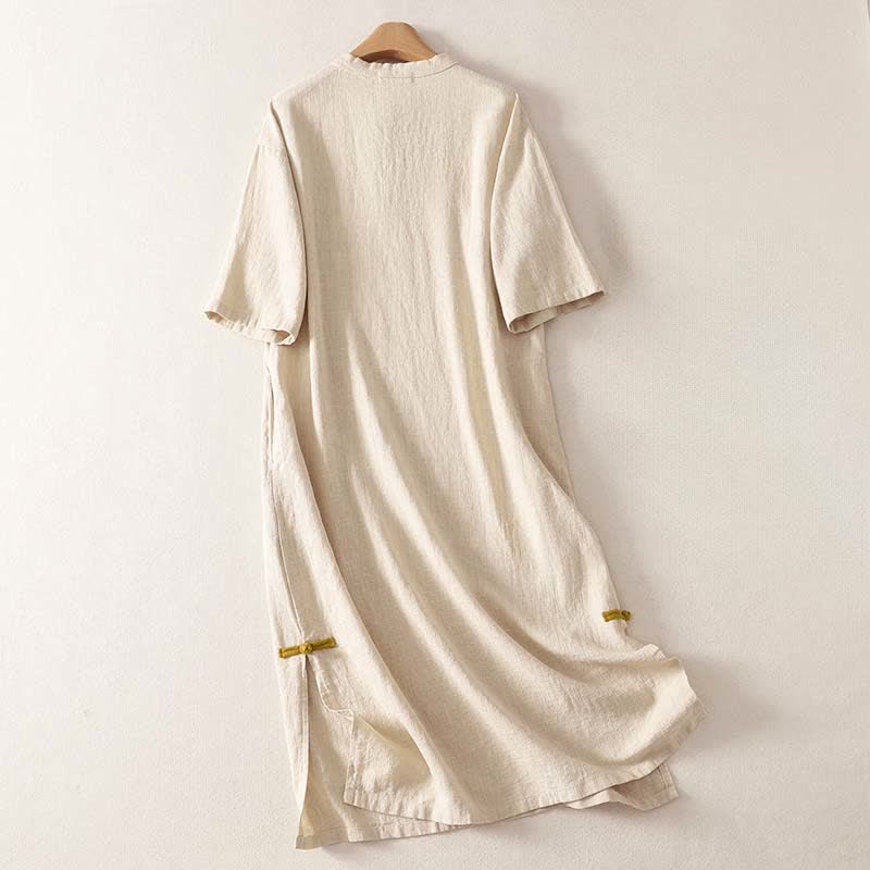 Buddha Stones Spring Frog-Button Knee Length Cotton Women's Short Sleeve Dress With Pockets - image 1
