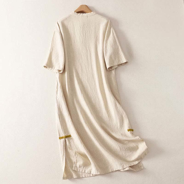 Buddha Stones Spring Frog-Button Knee Length Cotton Women's Short Sleeve Dress With Pockets - image 1