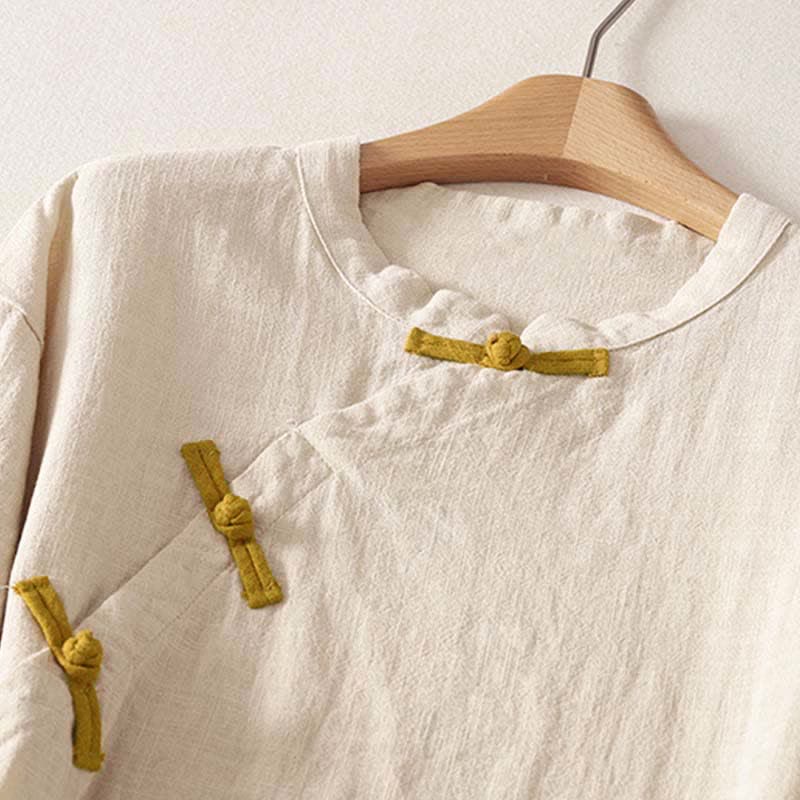 Buddha Stones Spring Frog-Button Knee Length Cotton Women's Short Sleeve Dress With Pockets - image 2