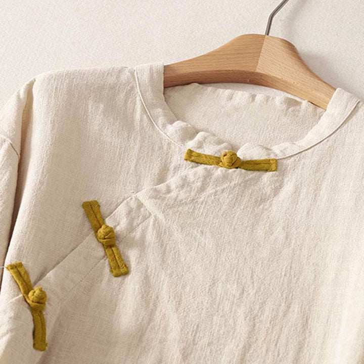 Buddha Stones Spring Frog-Button Knee Length Cotton Women's Short Sleeve Dress With Pockets - image 2