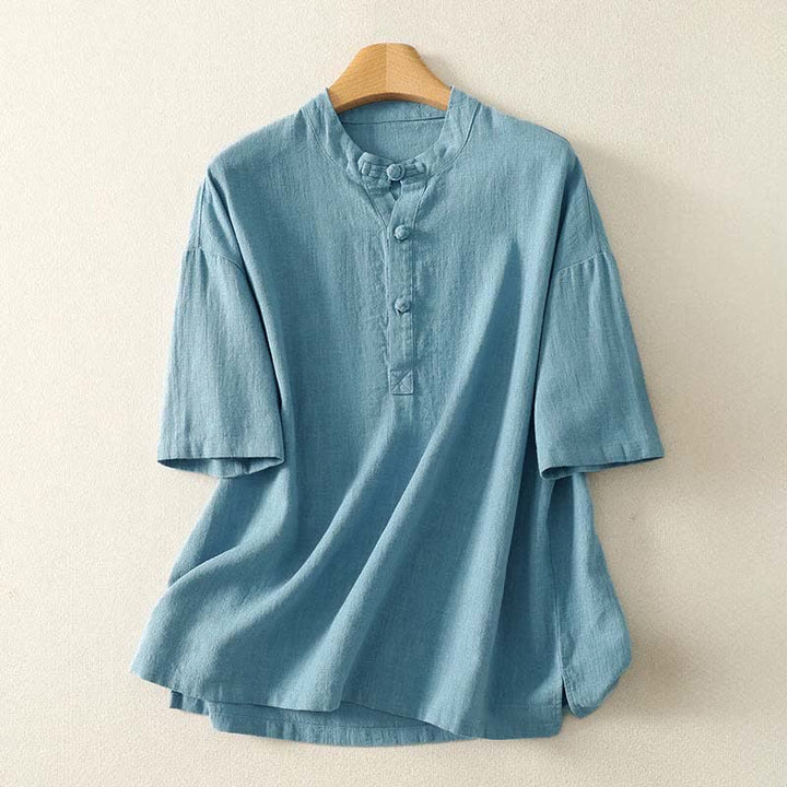 Buddha Stones Summer Stand Collar Buttons Cotton Women's Short Sleeve Shirt - LightBlue - US8-10，UK/AU12-14，EU40-42 (2XL) - image 0