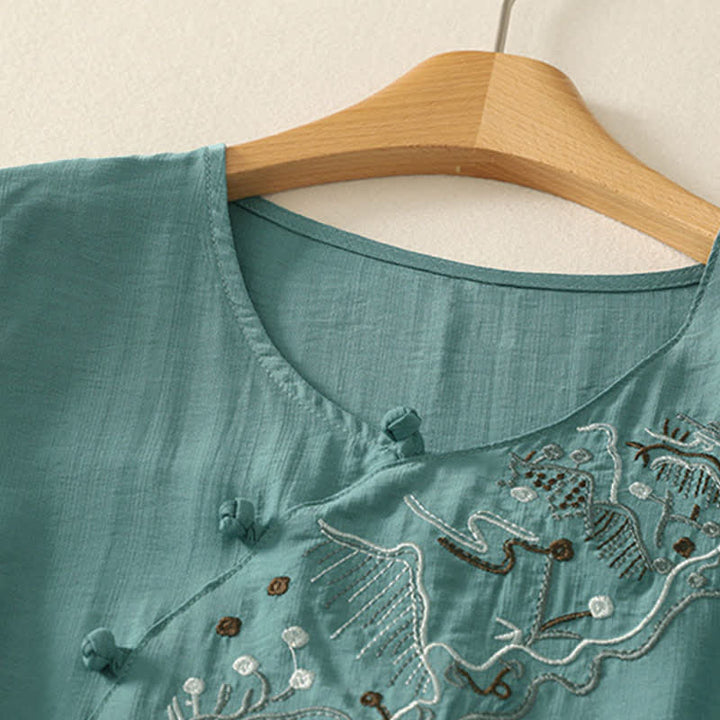 Buddha Stones Summer Mountain Embroidered Crew Neck Women's Short Sleeve Shirt - image 2