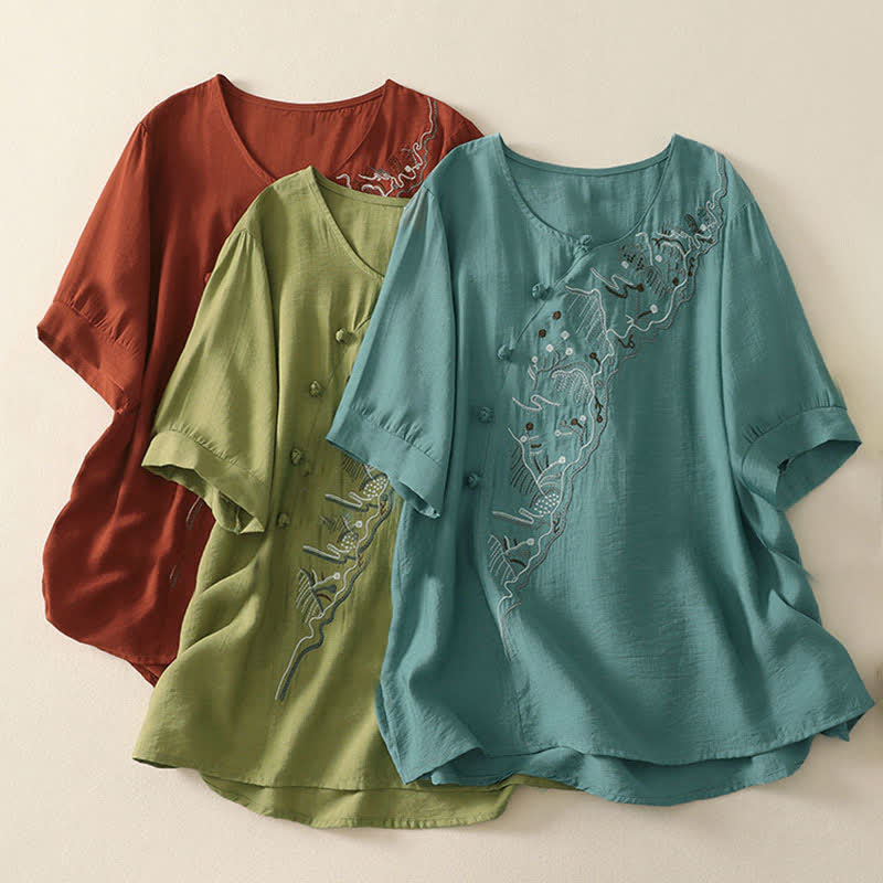 Buddha Stones Summer Mountain Embroidered Crew Neck Women's Short Sleeve Shirt - image 20