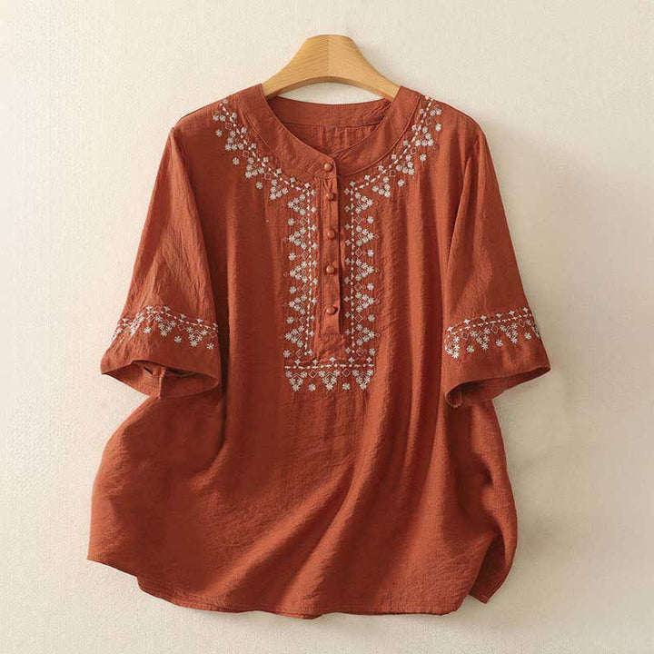 Buddha Stones Spring Embroidered Cotton Half Buttons Women's Short Sleeve Shirt - Tomato - US8-10，UK/AU12-14，EU40-42 (2XL) - image 0