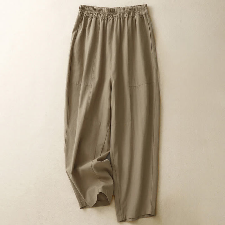 Buddha Stones Spring Solid Color Elastic Waist Cotton Women's Straight Leg Pants With Pockets - Tan - US8-10，UK/AU12-14，EU40-42 (2XL) - image 0