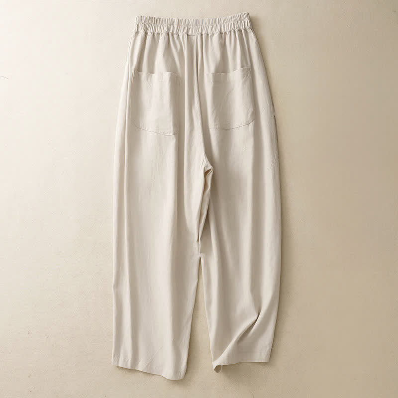 Buddha Stones Spring Solid Color Elastic Waist Cotton Women's Straight Leg Pants With Pockets - image 7