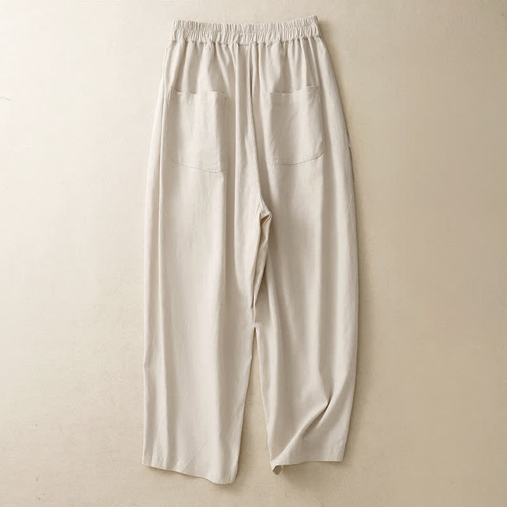 Buddha Stones Spring Solid Color Elastic Waist Cotton Women's Straight Leg Pants With Pockets - image 7