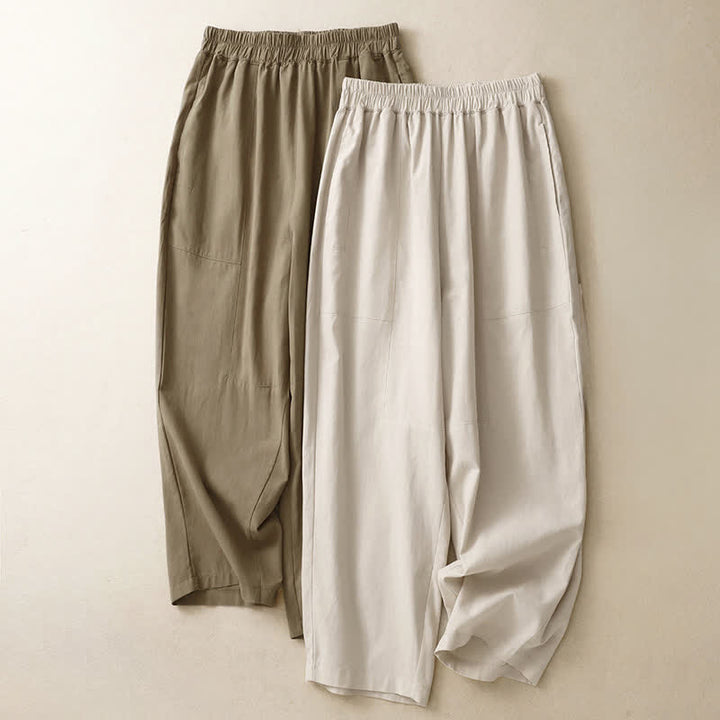 Buddha Stones Spring Solid Color Elastic Waist Cotton Women's Straight Leg Pants With Pockets - image 15