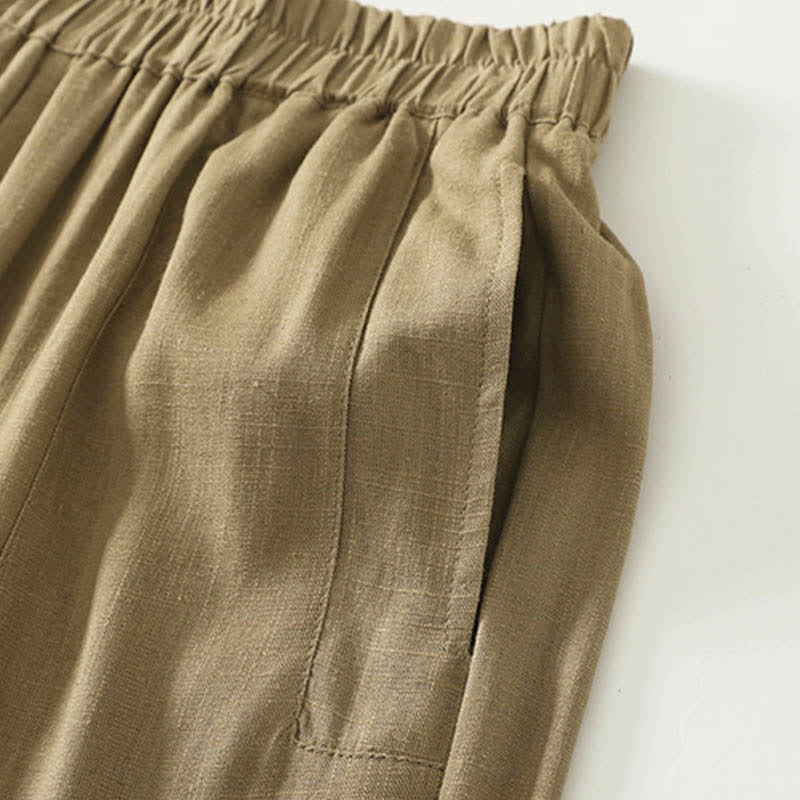Buddha Stones Spring Solid Color Elastic Waist Cotton Women's Straight Leg Pants With Pockets - image 3