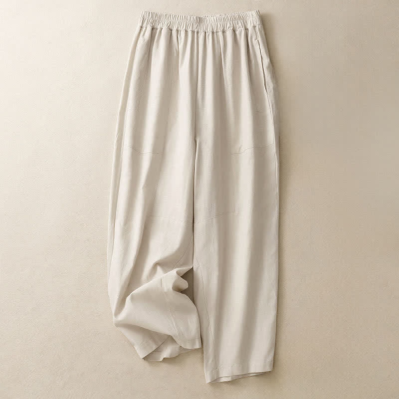 Buddha Stones Spring Solid Color Elastic Waist Cotton Women's Straight Leg Pants With Pockets - Linen - US8-10，UK/AU12-14，EU40-42 (2XL) - image 6