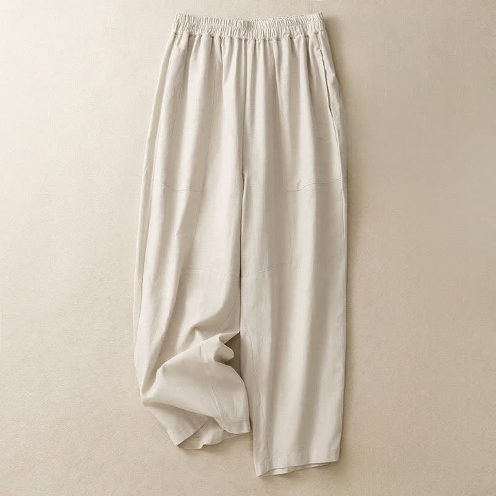 Buddha Stones Spring Solid Color Elastic Waist Cotton Women's Straight Leg Pants With Pockets - Linen - US8-10，UK/AU12-14，EU40-42 (2XL) - image 6