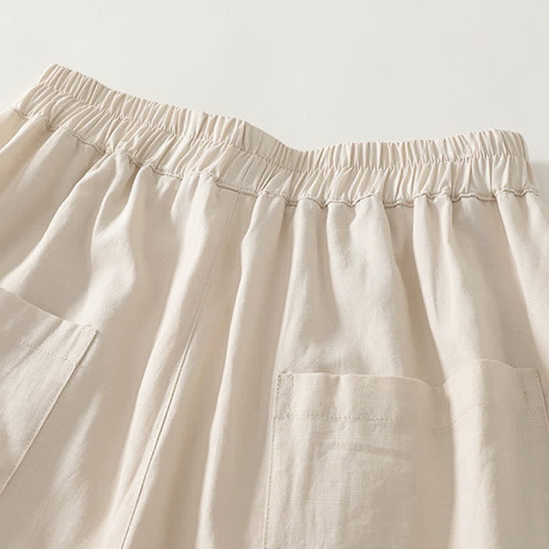 Buddha Stones Spring Solid Color Elastic Waist Cotton Women's Straight Leg Pants With Pockets - image 9