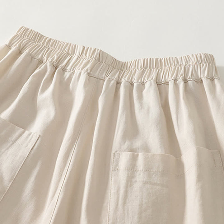 Buddha Stones Spring Solid Color Elastic Waist Cotton Women's Straight Leg Pants With Pockets - image 9