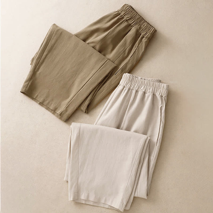 Buddha Stones Spring Solid Color Elastic Waist Cotton Women's Straight Leg Pants With Pockets - image 17