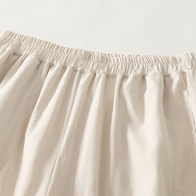 Buddha Stones Spring Solid Color Elastic Waist Cotton Women's Straight Leg Pants With Pockets - image 8